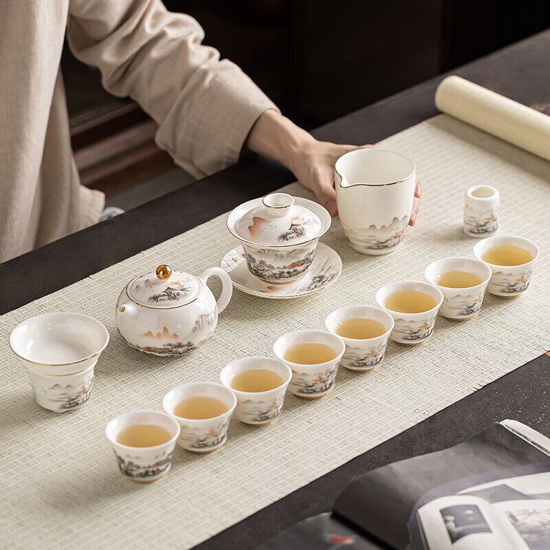 金镶玉羊脂玉瓷高端功夫茶具套装泡茶壶整套送礼送长辈老师礼品