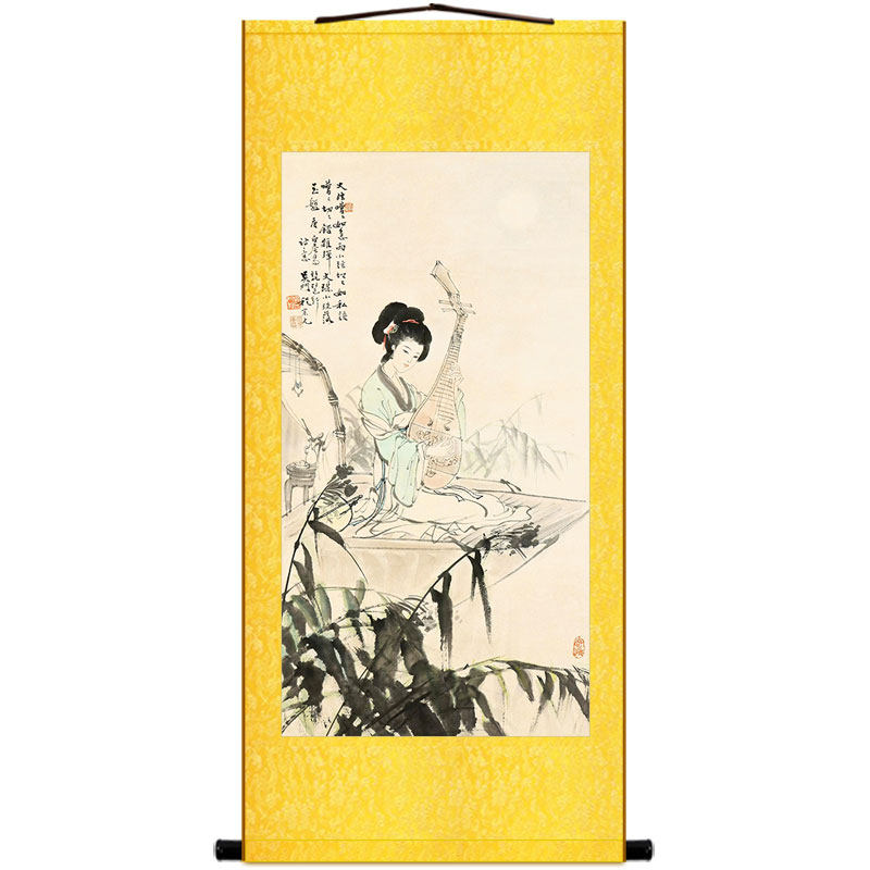 琵琶行白居易诗意 仕女弹琴图 中式复古卷轴挂画绢布画 定制订做