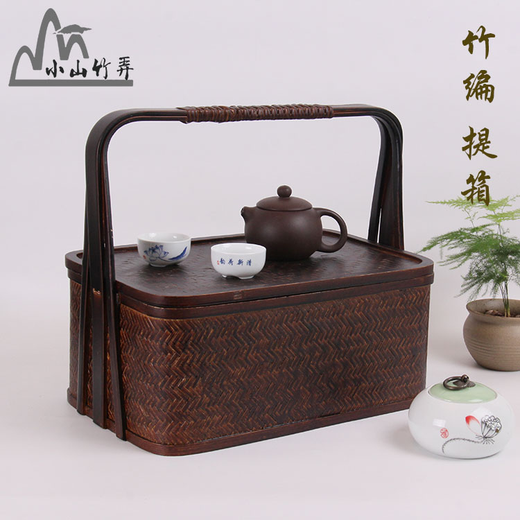 复古食盒 竹编手提茶具收纳箱 方形单层提篮糖果篮礼品竹盒竹篮子