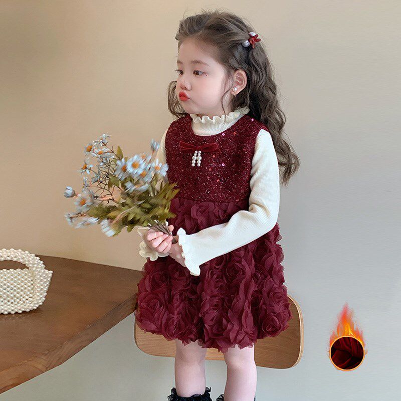 女童连衣裙秋冬款加绒儿童新年红色裙子女宝宝生日礼服公主裙冬装