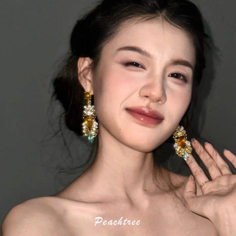 古早氛围感!千金风重工锆石水钻耳环夸张耳针长版流苏耳坠耳饰品