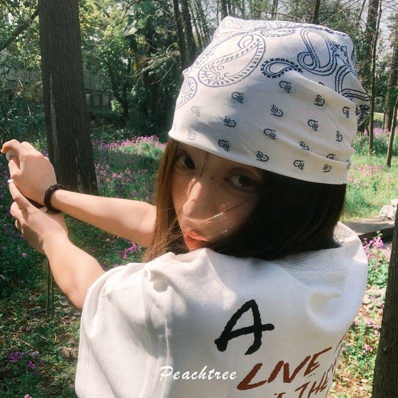 美式复古白色腰果花头巾y2k千禧辣妹hiphop甜酷潮流绑发丝巾方巾