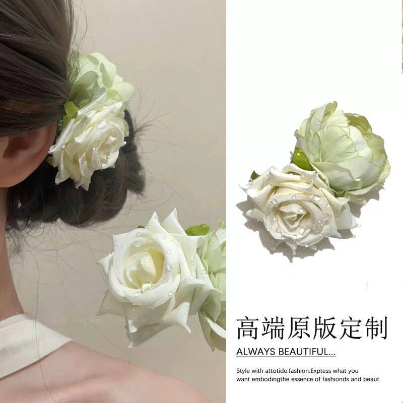 氛围感超仙绿色玫瑰花朵发夹2026新款侧边盘发发卡海边夹子头饰女