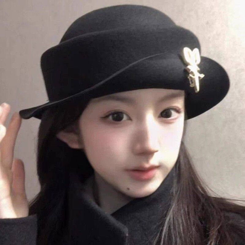 ！留洋千金郁金香胸针黑色羊毛礼帽子女秋冬赫本风渔夫帽潮