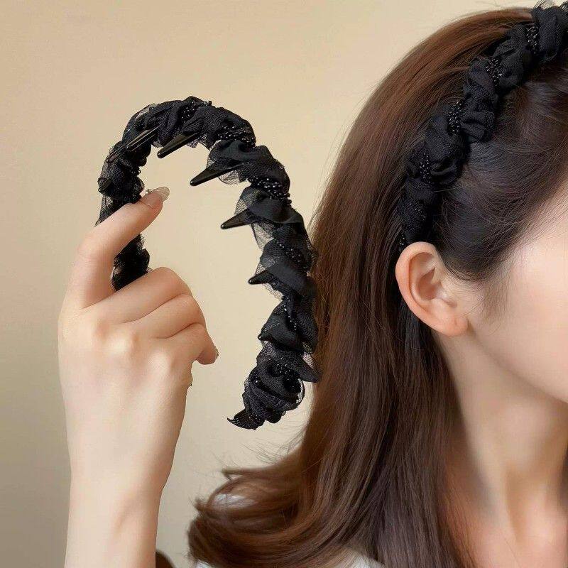 波浪带齿发箍女款高颅顶防滑高级感头箍蕾丝网纱麻花齿梳发卡发饰