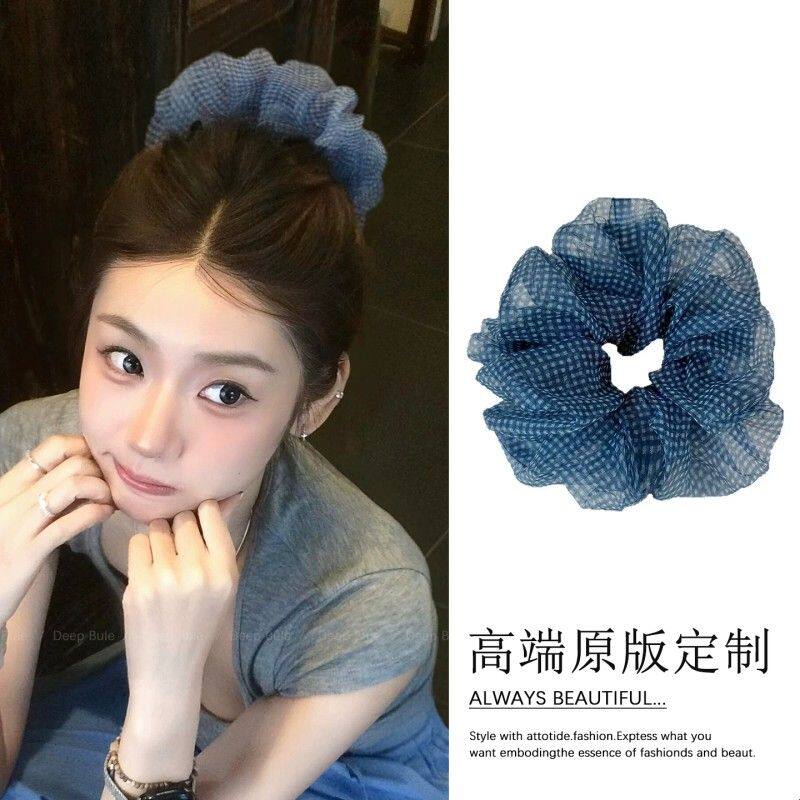 波点蓝色网纱大肠发圈超大号扎头发丸子头皮筋韩系高级感头绳女