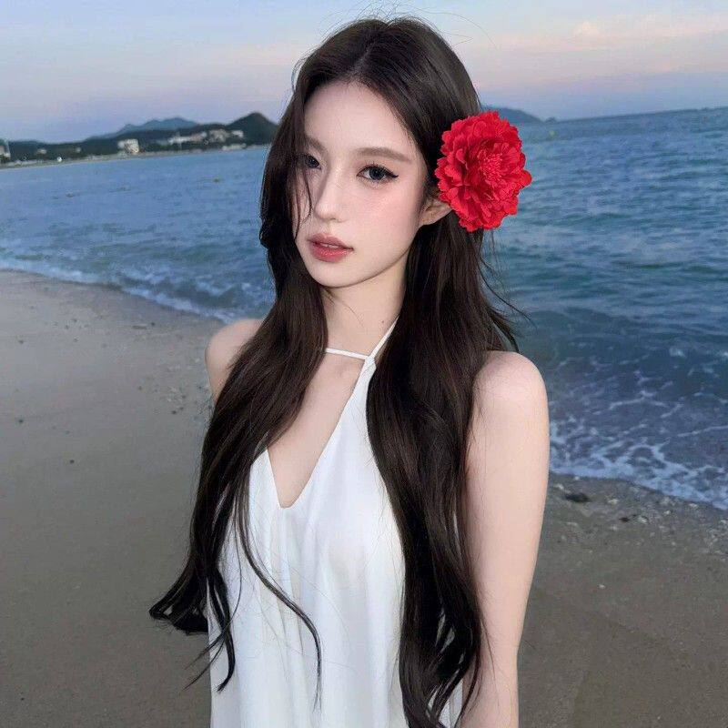 炙热玫瑰 巨好看明媚红牡丹花朵发夹氛围感海边度假拍照头花配饰