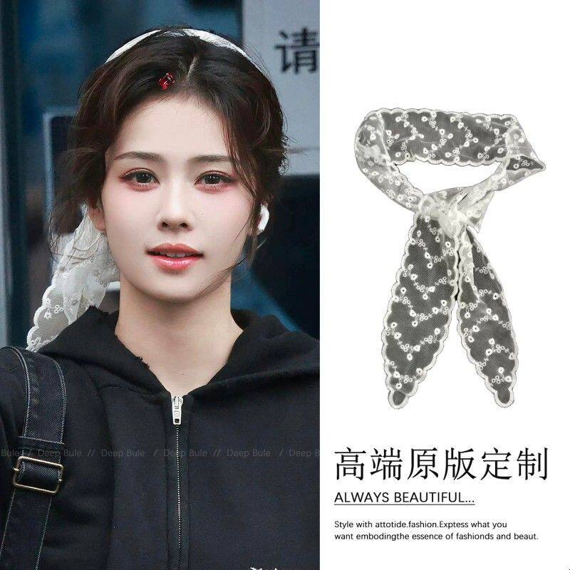 白鹿同款蕾丝花朵绑发发带头绳女2026新款夏天白色蝴蝶结丝巾飘带