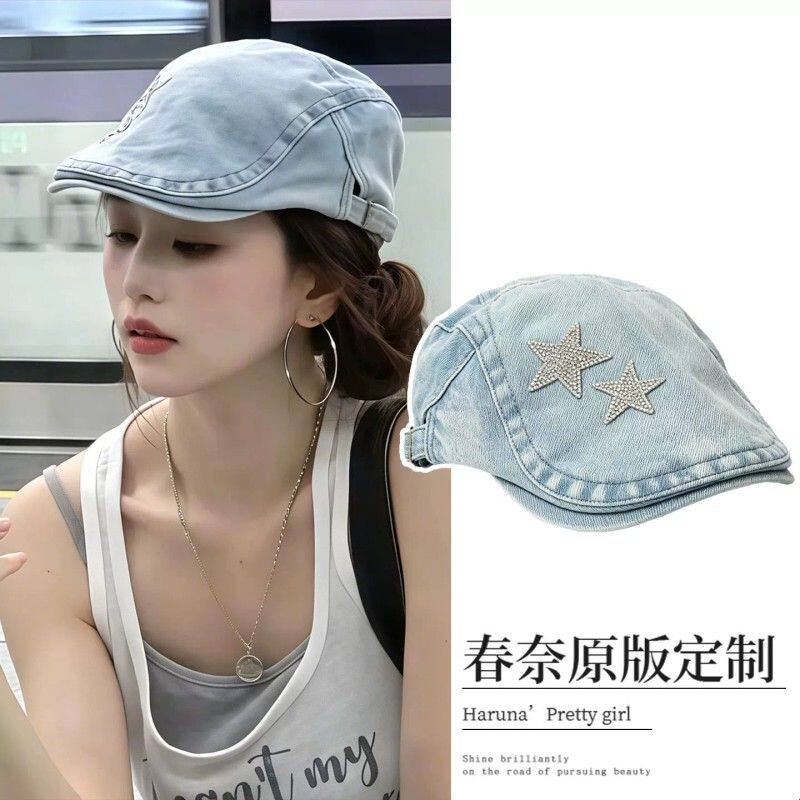 复古蓝色星星牛仔前进帽女日系文艺画家帽报童帽大头围贝雷帽子