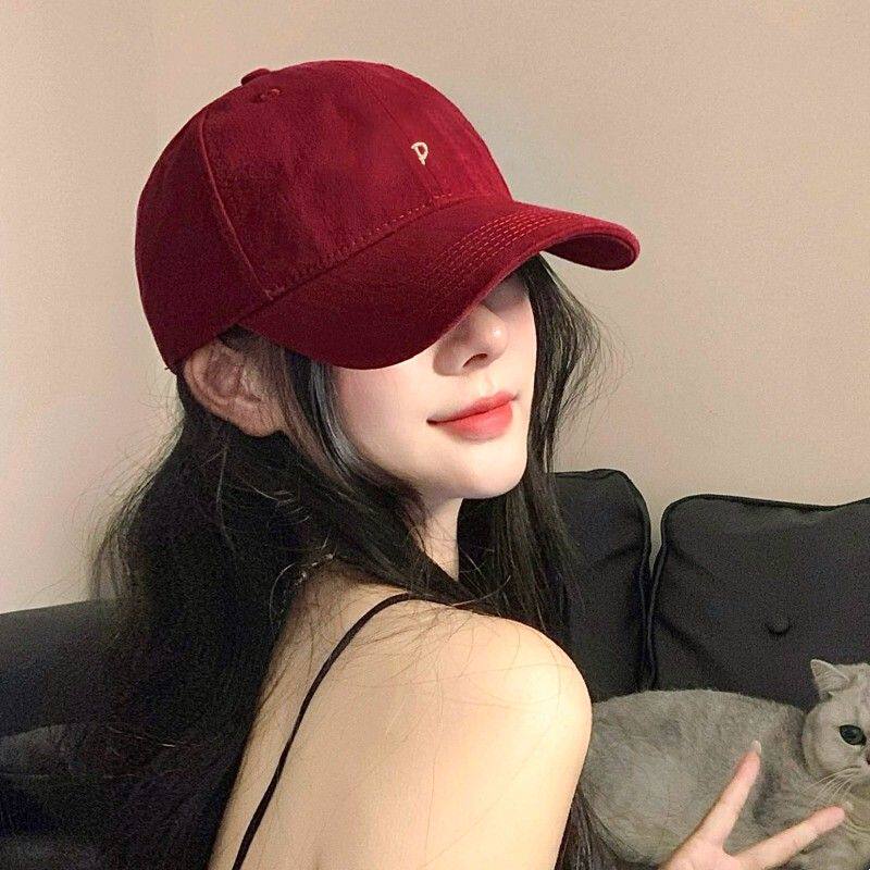 韩系鸭舌帽女款2026新款休闲百搭显白红色棒球帽宽帽檐大脸显脸小