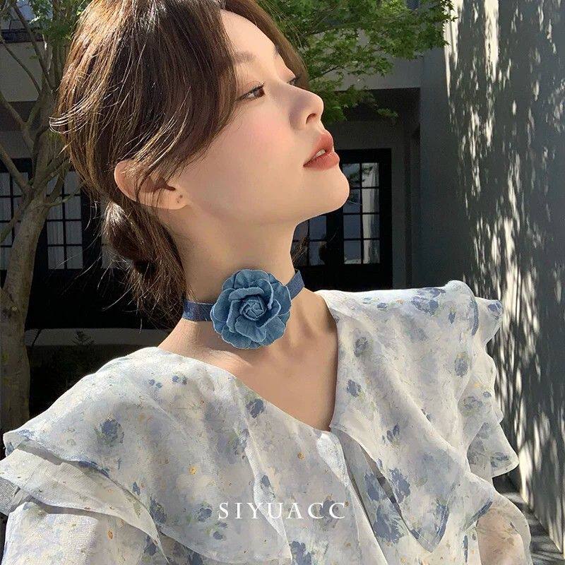 ins蓝色牛仔山茶花颈链choker法式气质项链脖链夏季出游锁骨链女