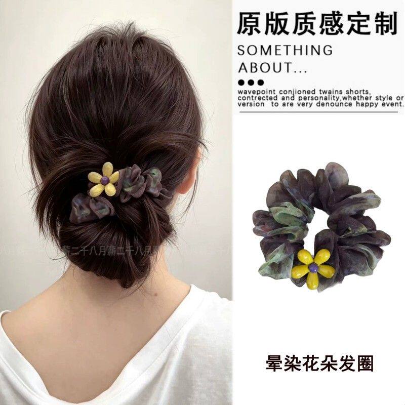 复古森系晕染花朵大肠发圈女气质盘发低丸子头高弹力头绳布艺发饰