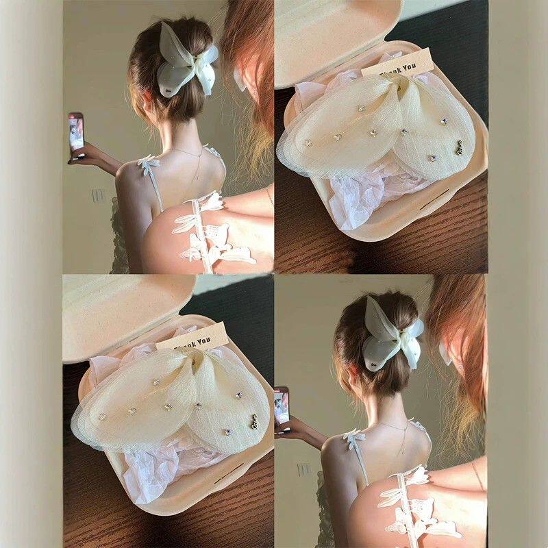 超仙网纱蝴蝶抓夹女夏季温柔气质闪钻鲨鱼夹后脑勺盘发丸子头发饰