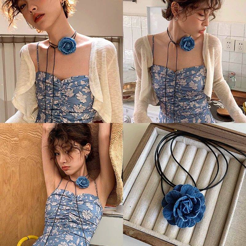 蓝色牛仔山茶花颈链choker芭蕾风甜酷少女夏季甜酷绑带颈带锁骨链