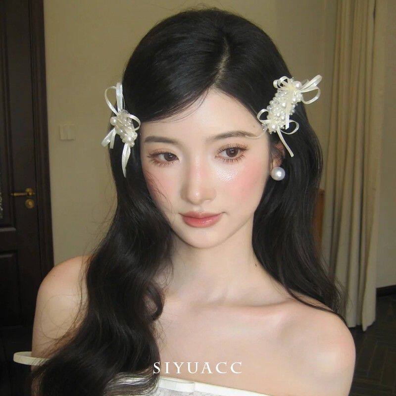 sana同款白色珍珠蝴蝶结发夹法式温柔千金甜美侧边夹发饰头饰女