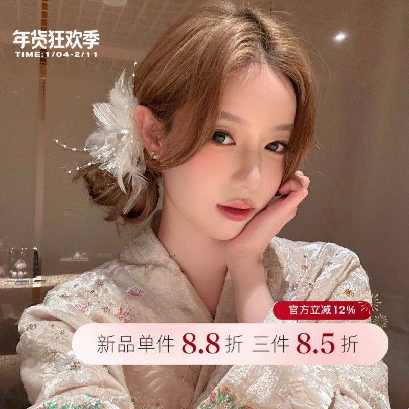 【蜜桃茶】发间系香 超仙羽毛珍珠发夹女气质高级感发卡边夹头饰