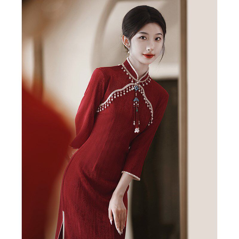 红色旗袍新中式敬酒服新娘2024新款结婚改良订婚礼服裙女秋冬长袖