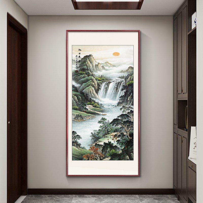 山水画竖版新中式入户玄关装饰画走廊尽头挂画源远流长办公室壁画
