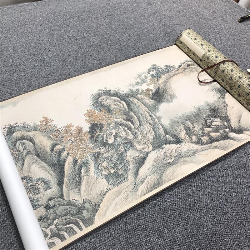 溥雪斋竹林渔村图中式横幅山水国画 客厅酒店大堂无框复古挂画58X