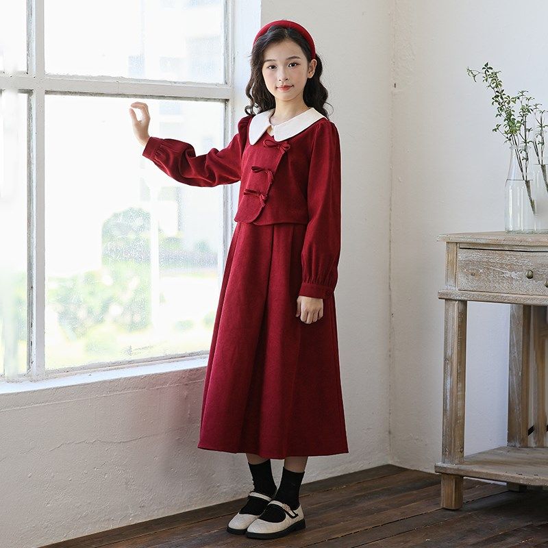 女童秋冬红色连衣裙2024新款中大童新中式新年裙子女孩气质亲子装
