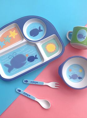 竹纤维儿童餐具套装卡通辅食碗宝宝吃饭分格盘子小孩子餐盘勺叉杯
