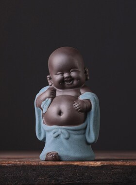 创意紫砂弥勒笑佛小摆件中式禅意茶室桌面摆设花盆鱼缸造景装饰品