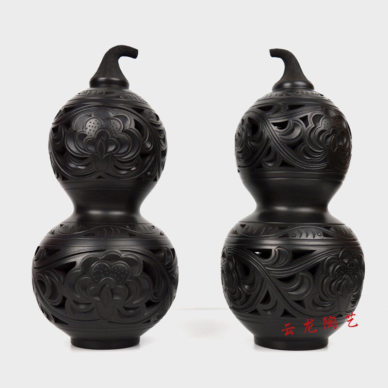 邯郸特产礼品镂空陶艺中式摆件装饰品纯手工雕刻黑陶小葫芦礼盒装