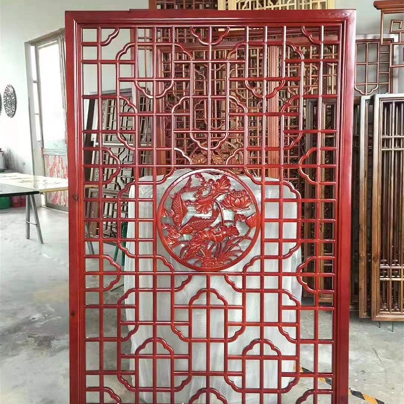 东阳木雕荷花鱼中式花格镂空实木隔断进门玄关镂空屏风格栅花窗格
