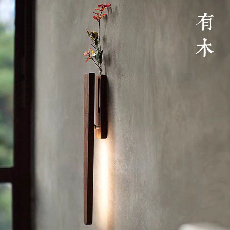 有木日式实木花器壁灯免接线充电款免布线床头客厅墙面原木装饰灯