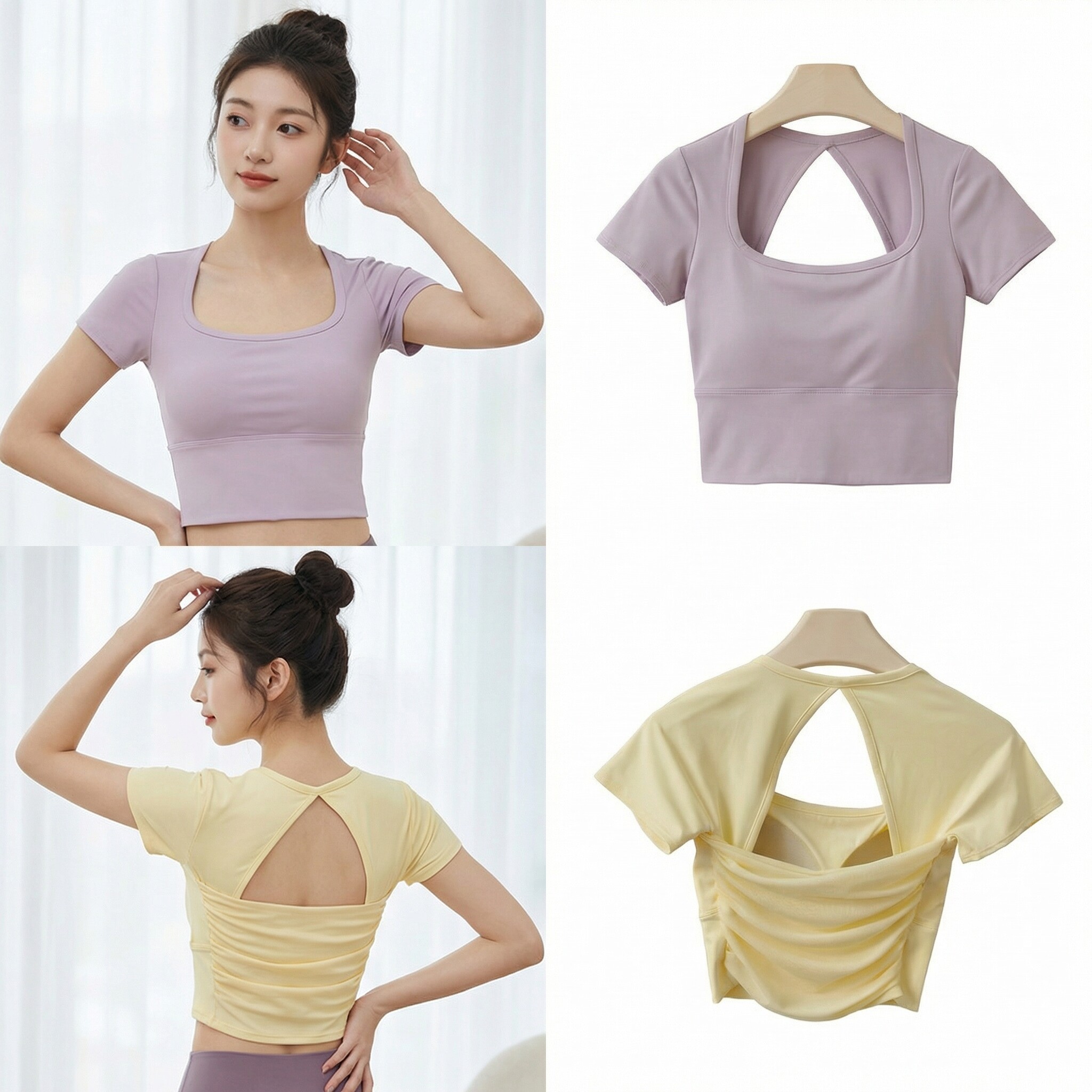 一体运动穿搭露背网纱短袖t恤女瑜伽健身服带胸垫吸湿排汗