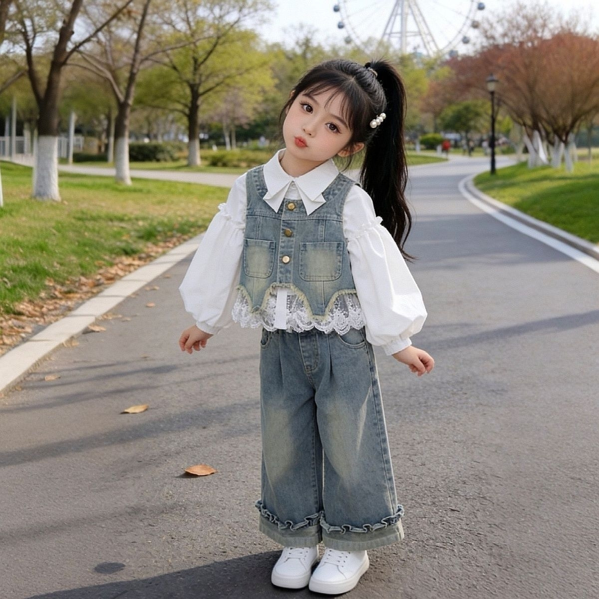 女童牛仔春秋套装2026新款儿童洋气时髦马甲衬衫女宝阔腿裤三件套