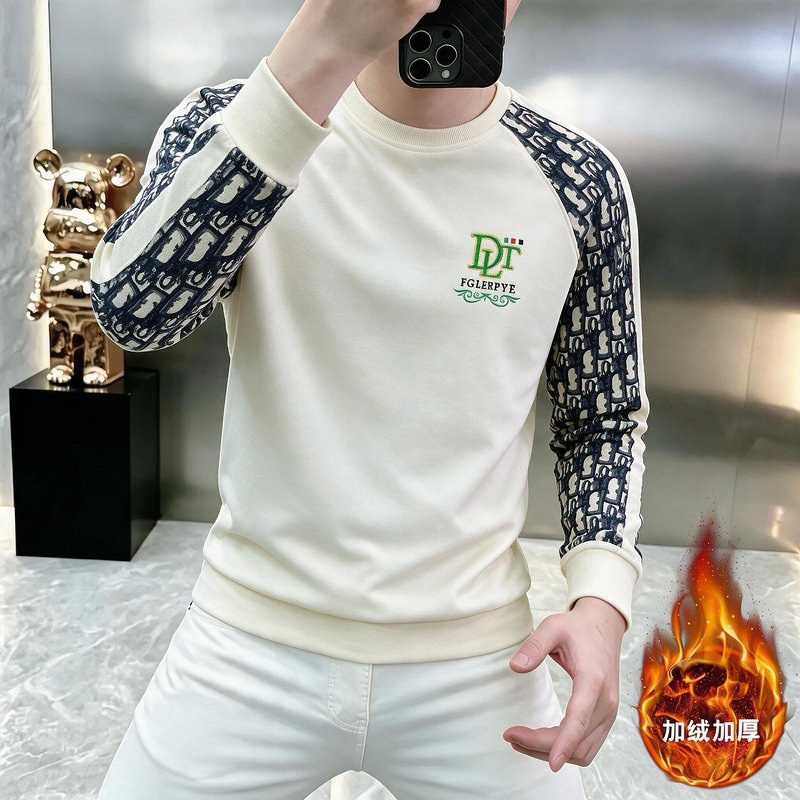 欧货男士加绒加厚圆领卫衣冬季新款印花休闲字母刺绣修身长袖上衣