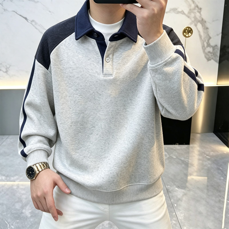 2026新款男士撞色翻领Polo卫衣肩部拼色袖侧条纹青年休闲长袖T恤
