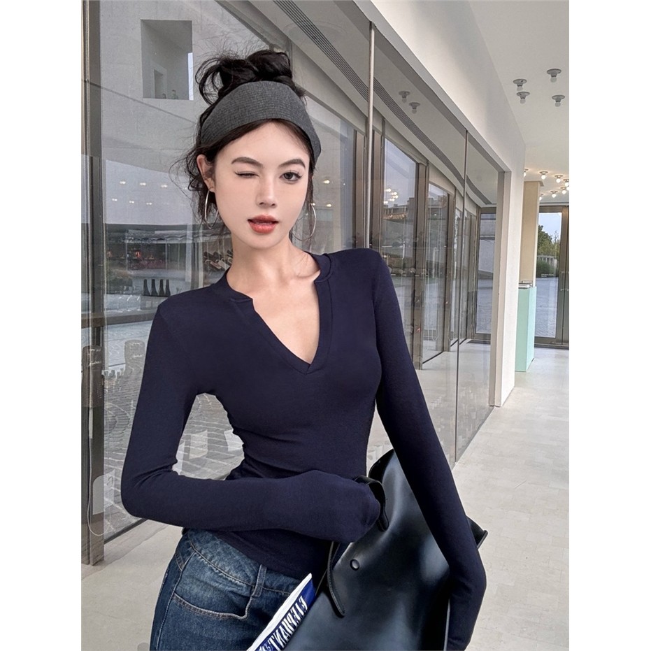 藏蓝色辣妹v领正肩长袖t