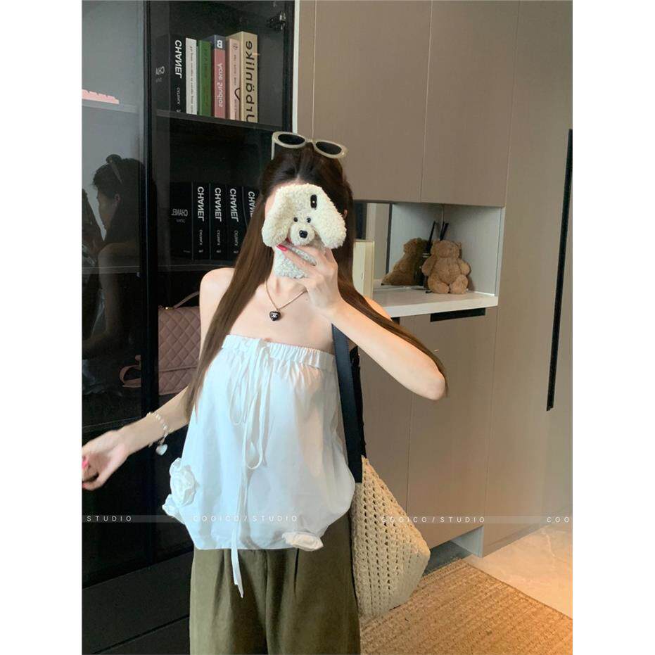 白色立体花朵设计感抹胸背心女夏季新款韩系显瘦百搭无袖短款上衣