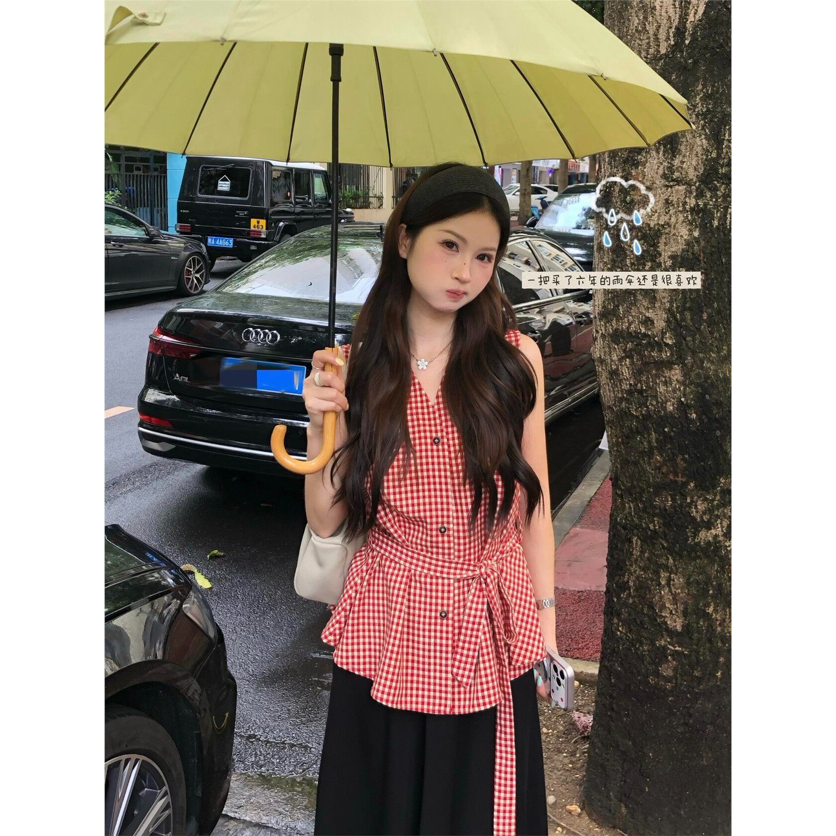 港风复古红色格子V领无袖