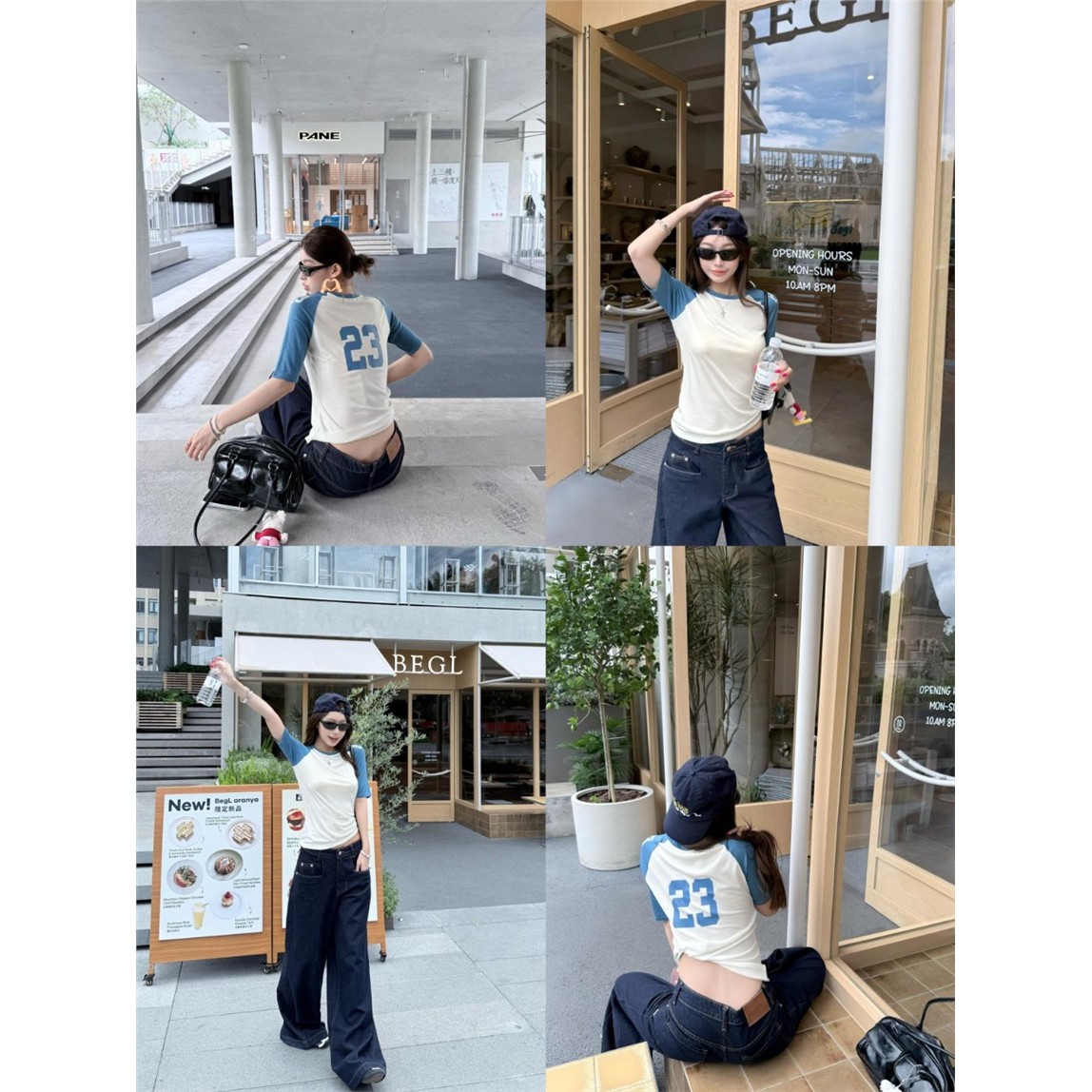美式辣妹蓝白拼色数字印
