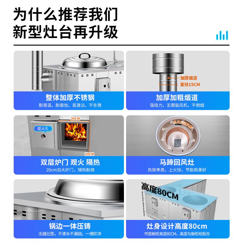 高级柴火灶家用烧木柴不锈钢双锅土灶台移动锅灶农村柴火灶大铁锅