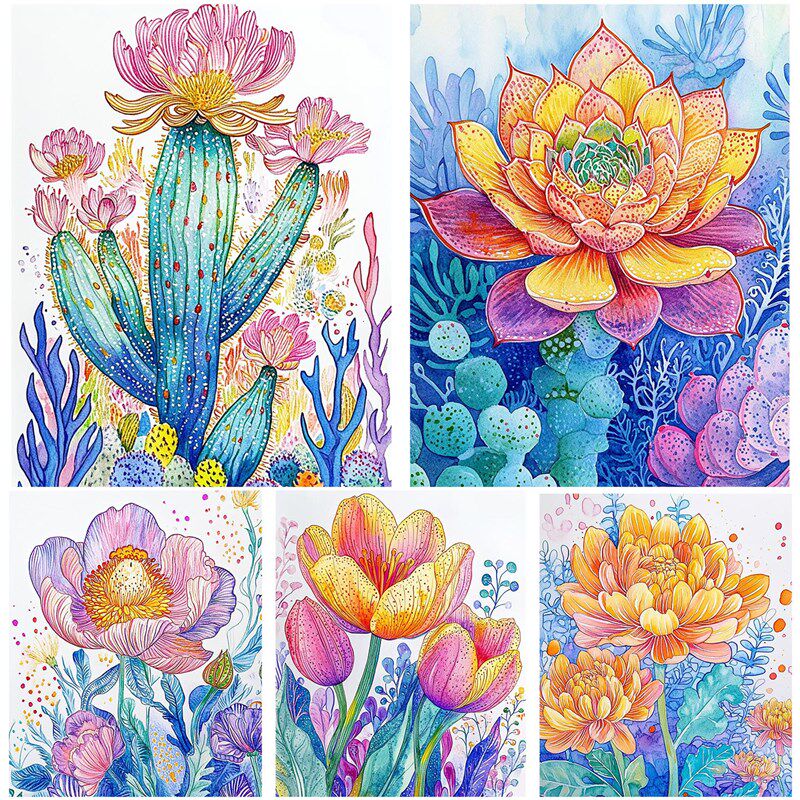 点彩线描淡彩画临摹卡32张少儿创意美术马克笔出彩绘画机构画室A5