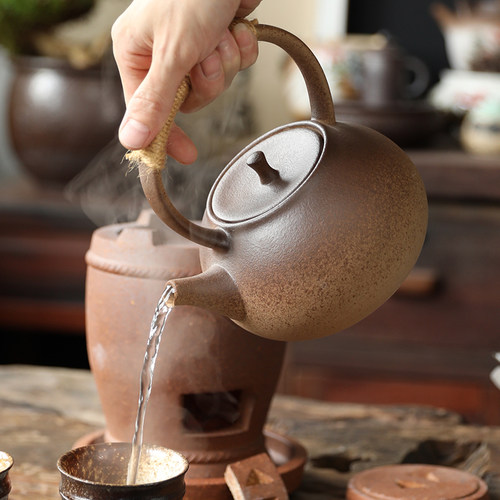 复古木碳烤炉煮茶壶陶瓷烧水壶粗陶明火养生壶家用小型户外功夫茶