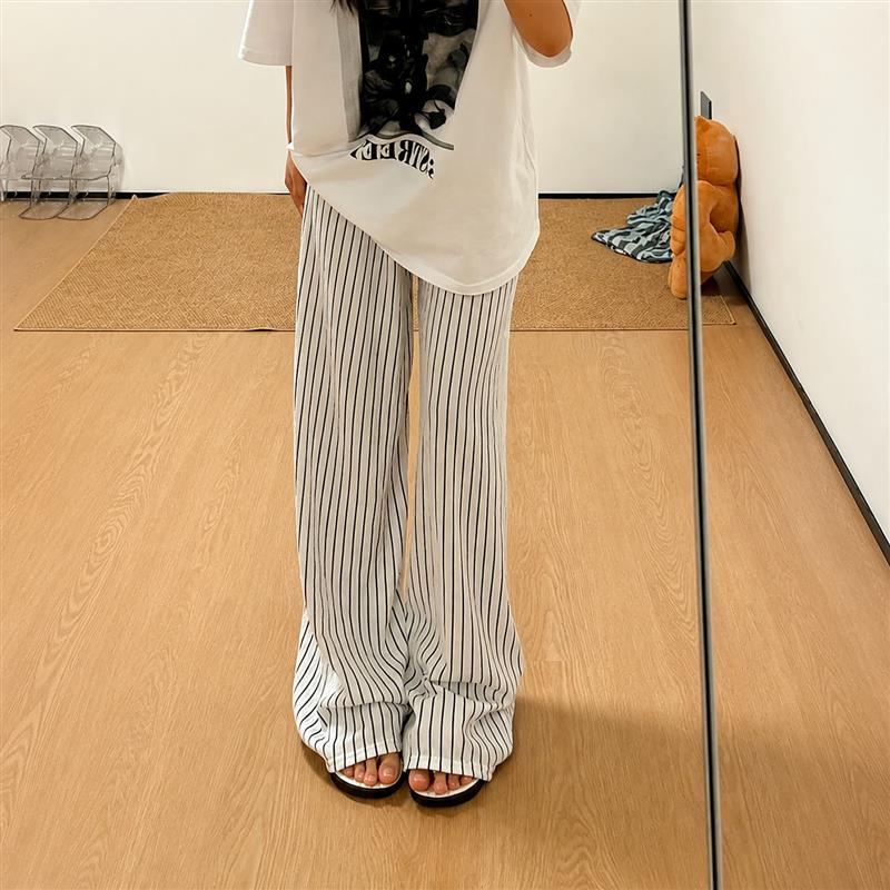 颗粒感条纹遛弯裤女生夏外穿薄款慵懒风凉感阔腿裤宽松休闲凉凉裤