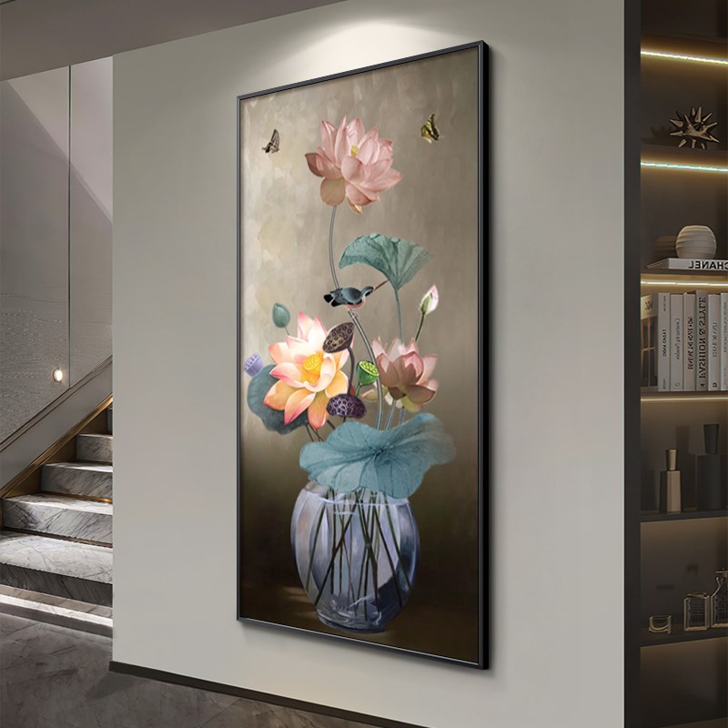 手绘油画入户玄关装饰画竖版新中式客厅轻奢高级感挂画荷花九鱼图
