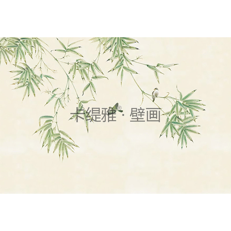 Katiya新中式花鸟墙布装饰茶室壁纸电视背景墙定制画卧室手绘茶室
