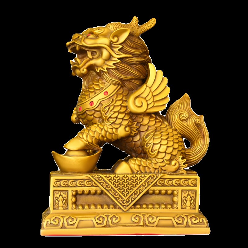 纯黄铜麒麟摆件一对财富麒麟八卦麒麟方底公司客厅办公室装饰工艺
