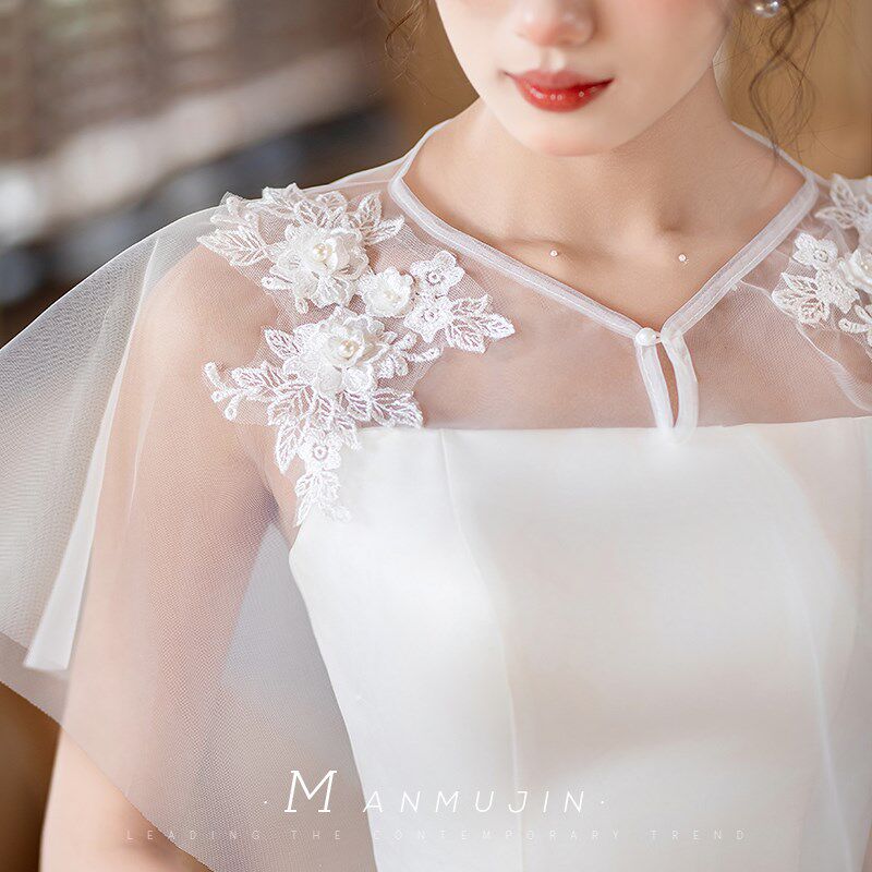 新娘婚纱礼服外搭坎肩小披风薄款网纱双肩遮手臂显瘦披肩简约白色