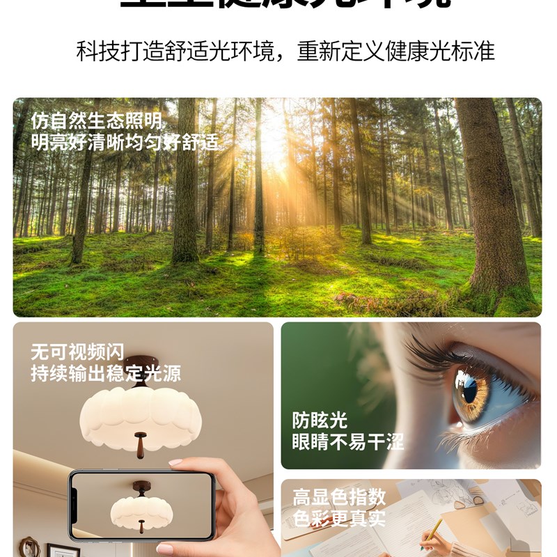 中世纪风格的卧室吸顶灯法式奶油风格云实木时尚创意明亮的眼睛保