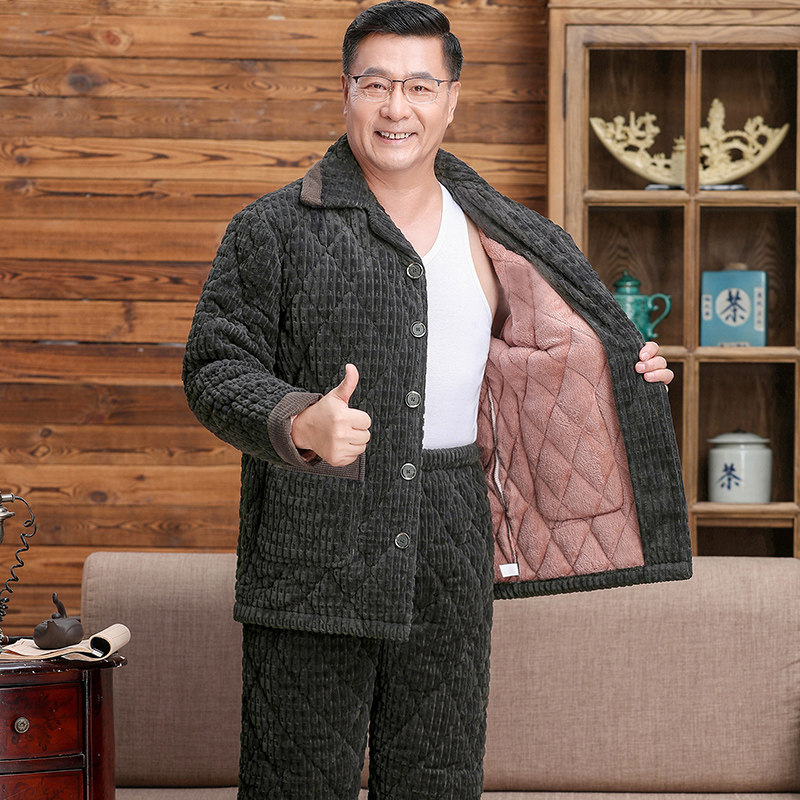 男士睡衣男秋冬季加厚加绒保暖夹棉中老年人爸爸珊瑚绒家居服套装