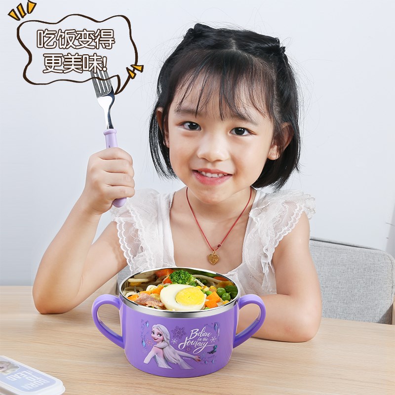 冰雪奇缘儿童碗不锈钢汤碗家用新款小学生专用双耳碗吃饭餐具女孩