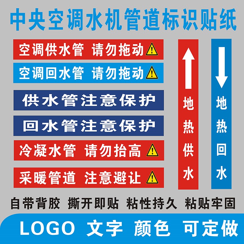 空调供回水标识空气能安装出进冷凝排水管道不干胶标签贴纸通用款