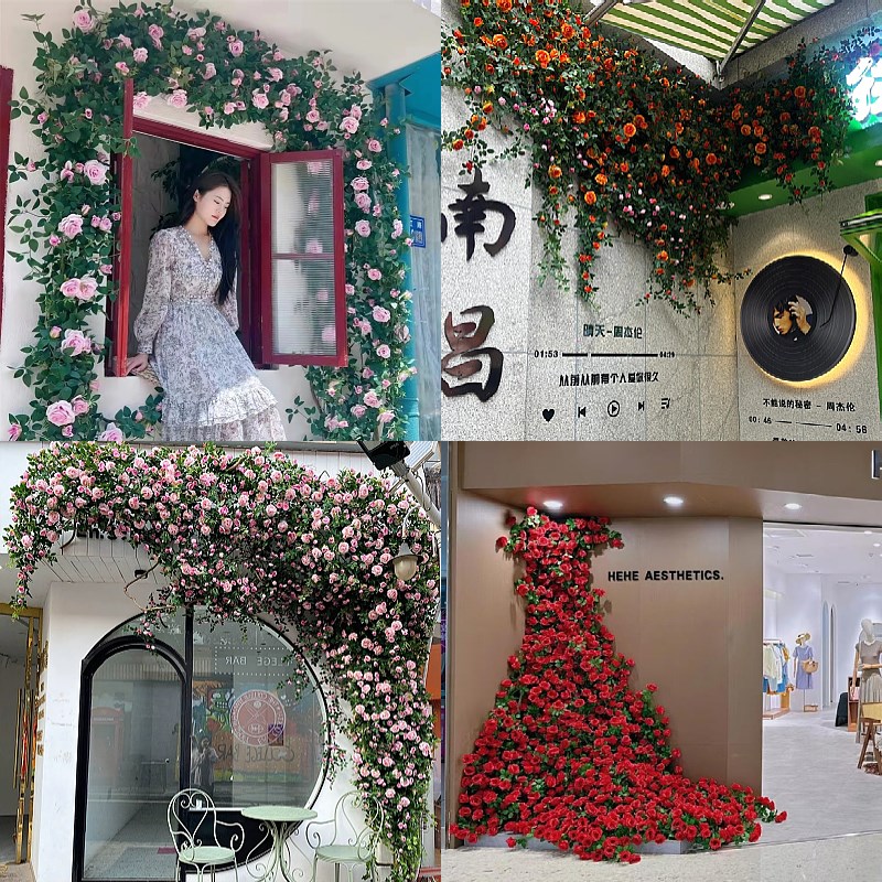 玫瑰假花瀑布花墙民宿景区网红打卡拍照墙门头装饰仿真花藤蔓造景